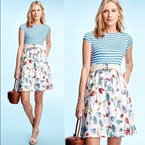 J. McLaughlin Catalina Cloth Colleen Dress Blue Striped Floral Skirt Spring